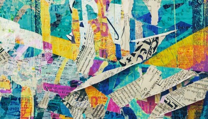 abstract backdrop with collage of newspaper or magazine clippings colorful grunge background with...