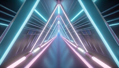 abstract flying in futuristic corridor with triangles background fluorescent ultraviolet light colorful laser neon lines geometric endless tunnel blue pink spectrum 3d illustration