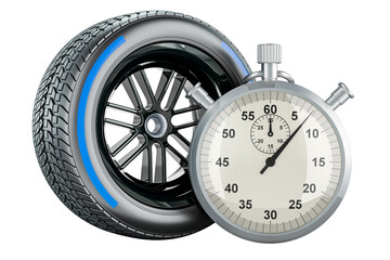 Racing wheel blue wet, compound type tyre with stopwatch. 3D rendering isolated on transparent background