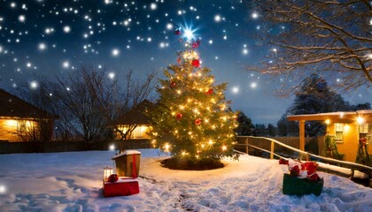 Fototapeta na wymiar christmas tree outside on a snowy night