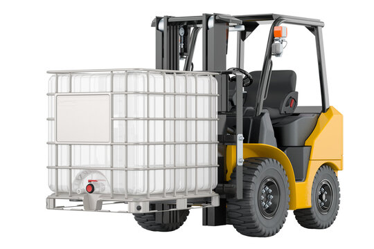 Forklift truck with intermediate bulk container, 3D rendering isolated on transparent background