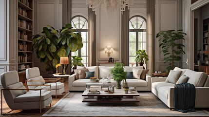 Elegant interior with a retro classical touch in the living room, showcasing loose furniture that...