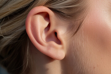 Close-up of female ear and the ear's delicate details. Hearing problems.
