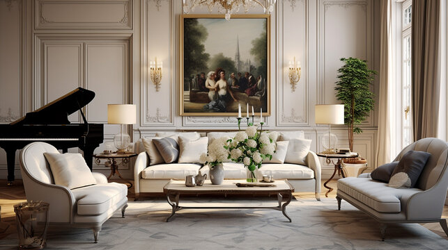 Snapshot of a classic living room with a retro classical vibe, accentuated by loose furniture that exudes a sense of timeless elegance.