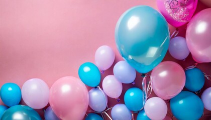 Fototapeta na wymiar blue and pink balloons on a pink background with copy space
