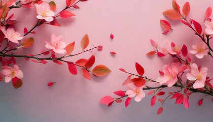 a pink background with pink and red leaves on the branches generative ai