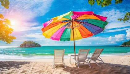 cute color of umbrella and beach chair at summer tropical beach background