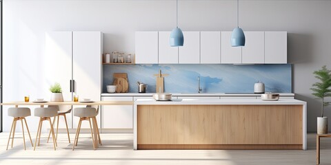 Modern white and blue kitchen with wooden accents, island and resin flooring. Japandi minimalism, . - obrazy, fototapety, plakaty