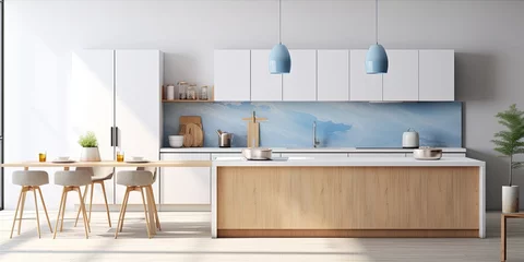 Rolgordijnen Modern white and blue kitchen with wooden accents, island and resin flooring. Japandi minimalism, . © Vusal