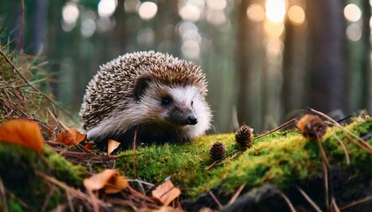 european hedgehog on a green moss in the forest cute funny animal with snipes hedgehog in dark wood autumn image generative ai - obrazy, fototapety, plakaty