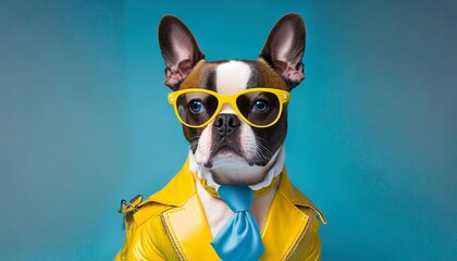 a portrait of a funky boston terrier dog wearing sunglasses yellow leather biker jacket and blue tie on a seamless blue background copy space for text banner generative ai technology