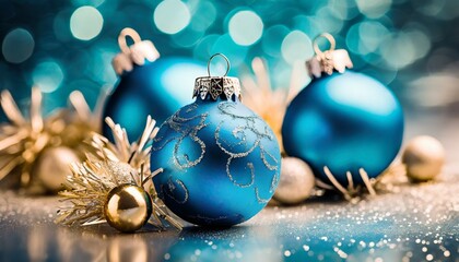 blue christmas balls with decoration on shiny background