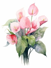An Elegant Watercolor Painting of Anthuriums on a White Background AI Generated