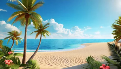 Rolgordijnen beach with palm trees ocean view summer 3d background illustration concept © Kelsey