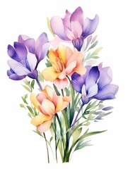 An Elegant Watercolor Painting of a Bouquet of Freesias AI Generated