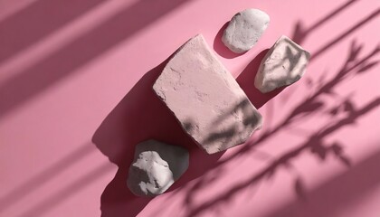 3d display stone podium pink background nature rock in sun shadow glamour minimal pedestal for beauty cosmetic product presentation flat lay feminine template top view studio 3d render