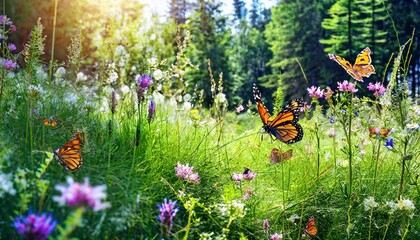 summer forest glade with flowering grass and butterflies on a sunny day - obrazy, fototapety, plakaty
