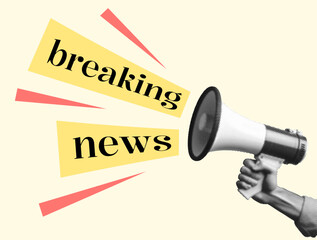 breaking news concept design with hand holding megaphone loudspeaker isolated on beige background black white effect dotted texture retro halftone collage cut-out element - obrazy, fototapety, plakaty