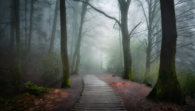 a dark and moody forest pathway covered in mist photo composite