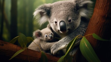 Obraz premium a baby koala cuddles on the back of an adult koala in a tree in a forest of tall grass and eucalyptus leaves, with its mother koala in the foreground.