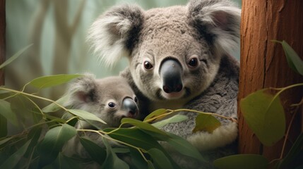 Obraz premium a couple of koalas are sitting in a tree with their heads on each of the koala's back legs, and one of the koala is holding the other koala's head.
