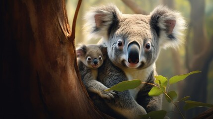  a koala holding a baby koala in a tree with its head hanging over the top of the koala's shoulder, with its eyes wide open.