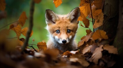  a close up of a baby fox peeking out from behind a tree with leaves in the foreground and a blurry background of leaves on the ground to the foreground.