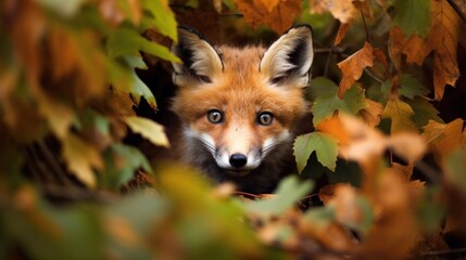  a close up of a fox peeking out from behind a tree with leaves in the foreground and a background of leaves in the foreground, with a blurred out of focus.