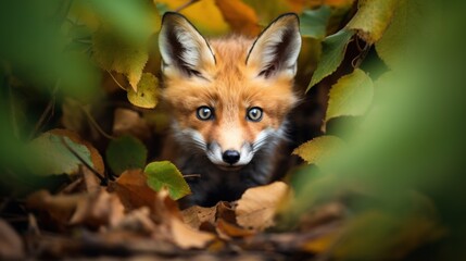  a close up of a baby fox peeking out from behind a pile of leaves with leaves on the ground and leaves on the ground, and leaves on the ground.