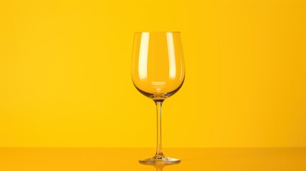  a close up of a wine glass on a table with a yellow wall in the background and a yellow wall to the side of the glass is half - filled with wine.