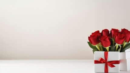 A charming Valentine setting with a white table, Valentine gifts, and flowers, designed to provide substantial copy space