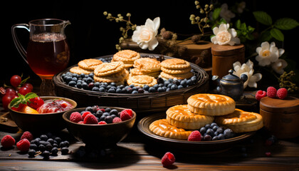 Desserts for chinese new year premium photo A table topped with plates of fruit and pastries
