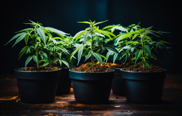 Three marijuana plants growing in small pots. A group of potted plants sitting on top of a wooden table