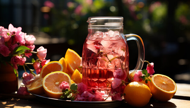 Drinking jug of lemonade. A pitcher of tea surrounded by lemons and flowers