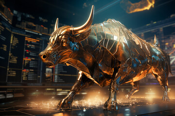 gold bull on chart background for business concept. Graph Stock Trading, crypto currency - obrazy, fototapety, plakaty