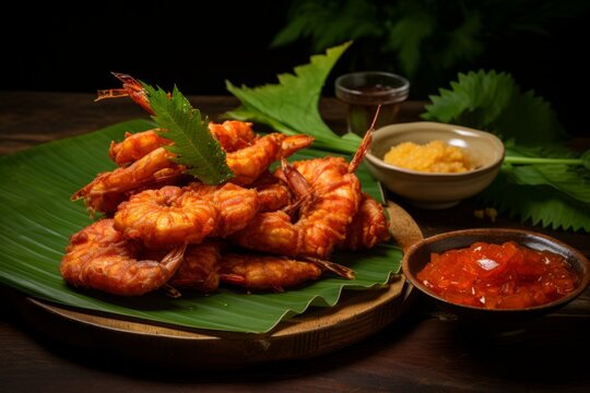 A bright and appetizing image of Ukoy - the classic Filipino street food, crispy shrimp fritters on a banana leaf with spicy dip