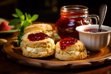 Delicious homemade scones presented on a rustic table, ready to be enjoyed with jam, cream and a cup of English tea