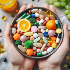 Hands hold a variety of pills and capsules, with more and bottles scattered in the background.