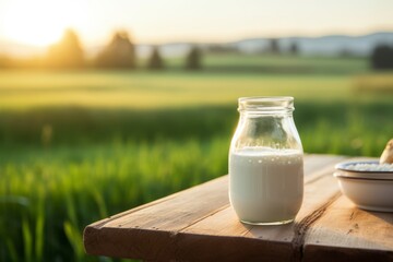 A Creamy Serving of Horse Milk in a Rustic Jar, Set Against the Backdrop of a Tranquil Farm at Sunrise