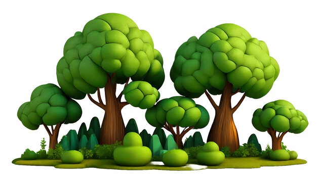 a group of trees, green bushes 3d cartoon clipart isolated on transparent background