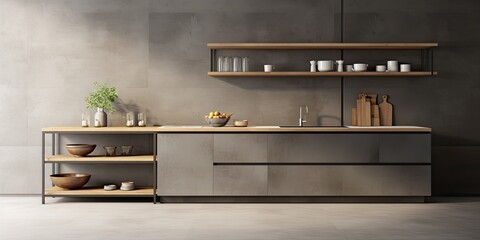  a stylish kitchen with gray walls, concrete floor, dark wooden island with built-in sink and cooker, shelves for dishes, and vertical mock-up poster.