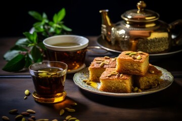 Experience the taste of Lebanon with this traditional Sfouf dessert, garnished with almonds and served with hot tea on a rustic table