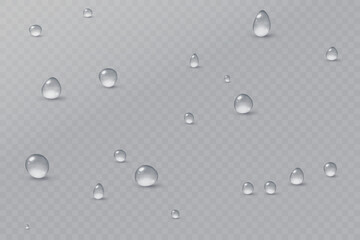 Realistic vector water drops png on a transparent light background. Water condensation on the surface with light reflection and realistic shadow. 3d vector illustration