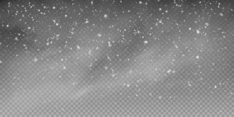 Christmas background with small falling snowflakes. Snow storm effect, blurred, cold wind with snow png. Holiday powder snow for cards, invitations, banners, advertising.