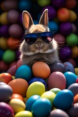 Fototapeta na wymiar Bunny with sunglasses, Easter bunny and easter eggs, Rabbit, Chocolate eggs, Generated AI 