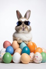 Bunny with sunglasses, Easter bunny and easter eggs, Rabbit, Chocolate eggs, With white background, Generated AI 