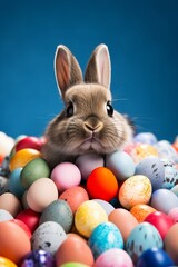 Fototapeta na wymiar Easter bunny and easter eggs, Rabbit, Chocolate eggs, With blue background, Generated AI 