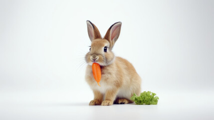 Fototapeta na wymiar Rabbit eating carrot. Isolated on white background. Cute Easter bunny. Copy space. Ideal for greeting, banner, pet food advertisement, educational content, kids book, animal health, pet care guide.