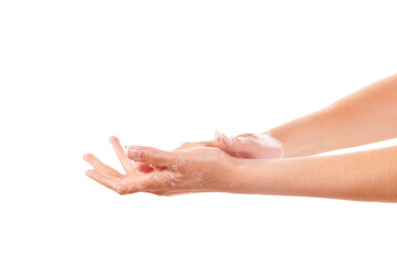 Health, soap and closeup of washing hands in studio for hygiene, wellness or selfcare. Grooming,...