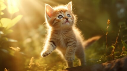 Naklejka na ściany i meble a small kitten standing on its hind legs in the grass with the sun shining through the leaves of the trees behind it, with its front paws in the air.